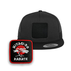 Miyagi-Do Trucker Hat with Removable Hook & Loop Patch | Embroidered Karate Snapback Cap | Black, White & Grey Cobra Kai Inspired Hat