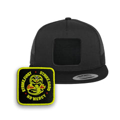 Cobra Kai Trucker Hat with Removable Hook & Loop Patch | Embroidered Movie Snapback Cap | Black, White & Grey Karate Dojo Hat