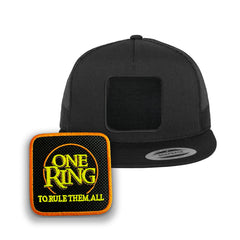 One Ring Trucker Hat with Removable Hook & Loop Patch | Embroidered Lord of the Rings Snapback Cap | Black, White & Grey Fantasy Hat