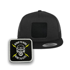 Death Skull Trucker Hat with Removable Hook & Loop Patch | Embroidered Biker Snapback Cap | Black, White & Grey Skull Hat
