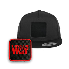 Mando Trucker Hat with Removable Hook & Loop Patch | Embroidered Star Wars Snapback Cap | Black, White & Grey Mandalorian Hat