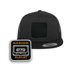 Old School Cassette Trucker Hat | Retro Tape Embroidered Patch Snapback Cap | Black, White & Grey Nostalgia Hat
