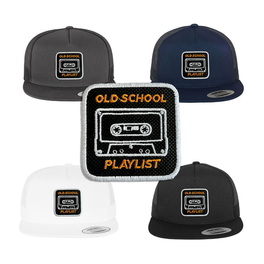 Old School Cassette Trucker Hat | Retro Tape Embroidered Patch Snapback Cap | Black, White & Grey Nostalgia Hat