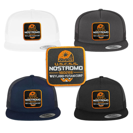 Nostromo Alien Trucker Hat with Removable Hook & Loop Patch | Embroidered USCSS Snapback Cap | Black, White & Grey Sci-Fi Hat