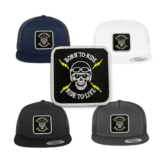 Death Skull Trucker Hat with Removable Hook & Loop Patch | Embroidered Biker Snapback Cap | Black, White & Grey Skull Hat