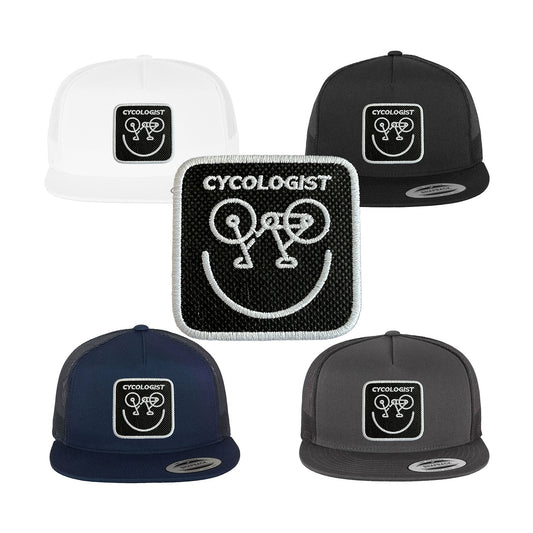 Cycologist Trucker Hat with Removable Hook & Loop Patch | Embroidered Bicycle Snapback Cap | Black, White & Grey Cycling Hat