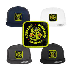 Cobra Kai Trucker Hat with Removable Hook & Loop Patch | Embroidered Movie Snapback Cap | Black, White & Grey Karate Dojo Hat