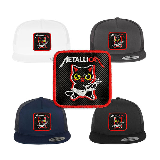 MetaliCat Trucker Hat with Removable Hook & Loop Patch | Embroidered Heavy Metal Snapback Cap | Black, White & Grey Rock Hat