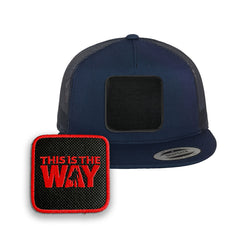 Mando Trucker Hat with Removable Hook & Loop Patch | Embroidered Star Wars Snapback Cap | Black, White & Grey Mandalorian Hat