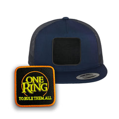 One Ring Trucker Hat with Removable Hook & Loop Patch | Embroidered Lord of the Rings Snapback Cap | Black, White & Grey Fantasy Hat