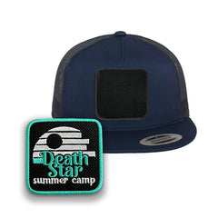 Death Star Trucker Hat | Embroidered Snapback Cap with Removable Hook & Loop Patch | Star Wars Inspired Black, White & Grey Hat