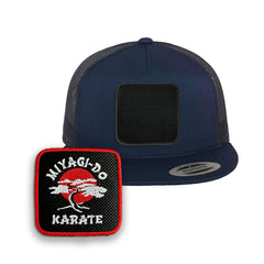 Miyagi-Do Trucker Hat with Removable Hook & Loop Patch | Embroidered Karate Snapback Cap | Black, White & Grey Cobra Kai Inspired Hat