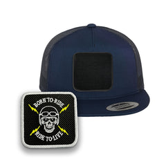 Death Skull Trucker Hat with Removable Hook & Loop Patch | Embroidered Biker Snapback Cap | Black, White & Grey Skull Hat