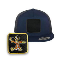Phoney Trucker Hat with Removable Hook & Loop Patch | Embroidered Hong Kong Phooey Snapback Cap | Black, White & Grey Retro Cartoon Hat