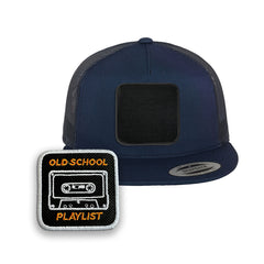 Old School Cassette Trucker Hat | Retro Tape Embroidered Patch Snapback Cap | Black, White & Grey Nostalgia Hat