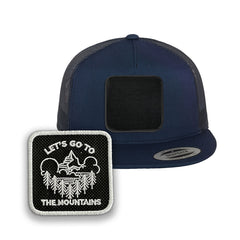 Mountains Trucker Hat with Removable Hook & Loop Patch | Embroidered Outdoor Adventure Snapback Cap | Black, White & Grey