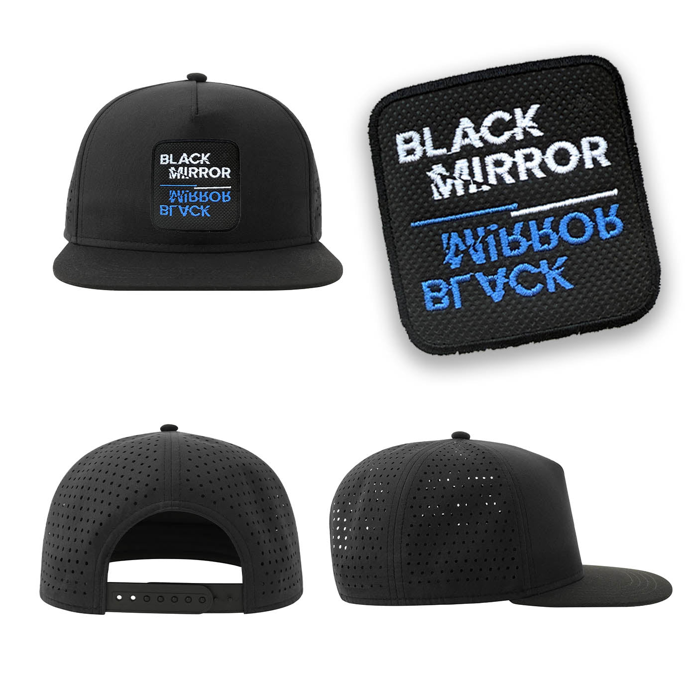 Black Mirror Streetwear Hat with Flat Visor Embroidered Patch