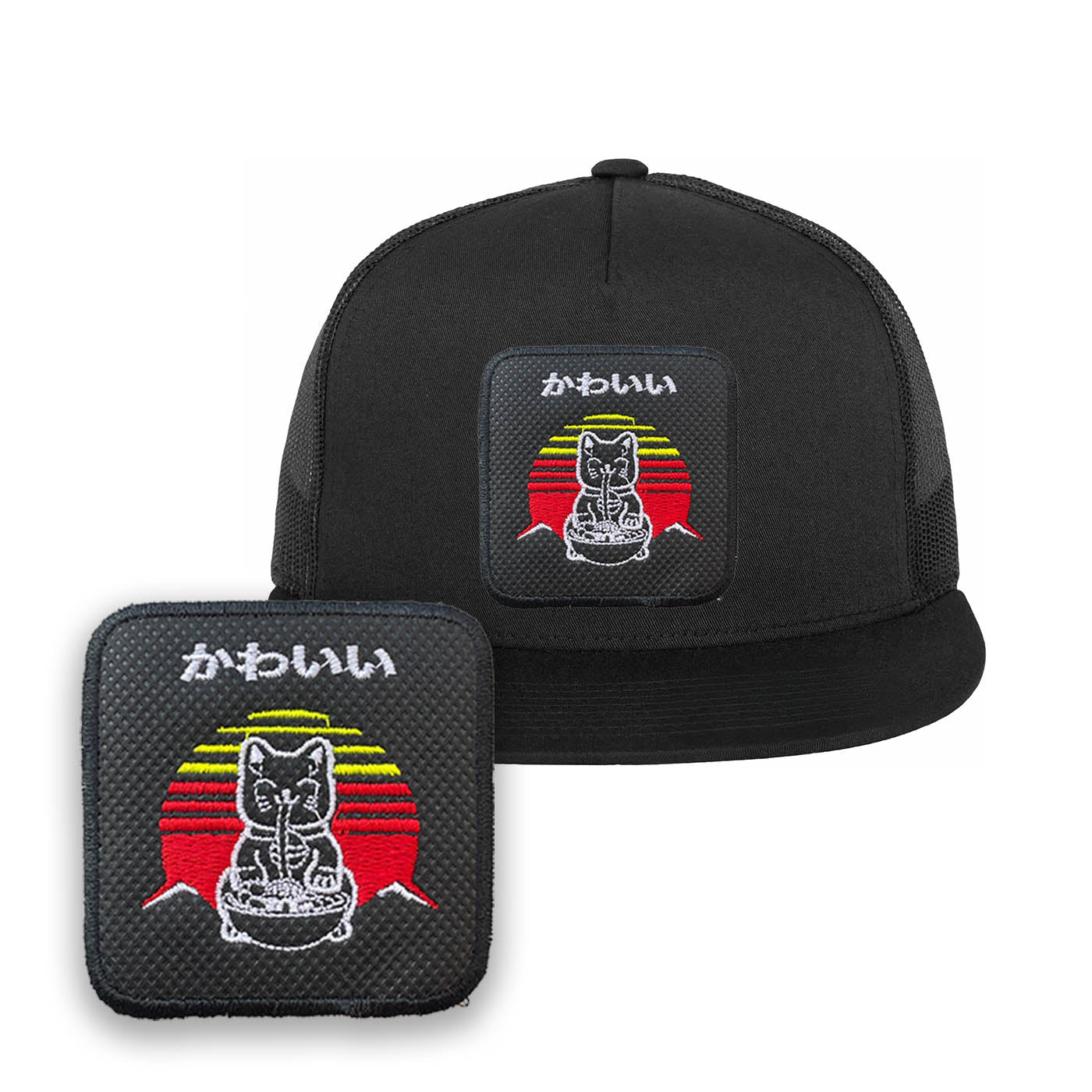 Cat Ramen Embroidered Hat Kawaii Neko Classic Trucker Mesh Black Colour Cap