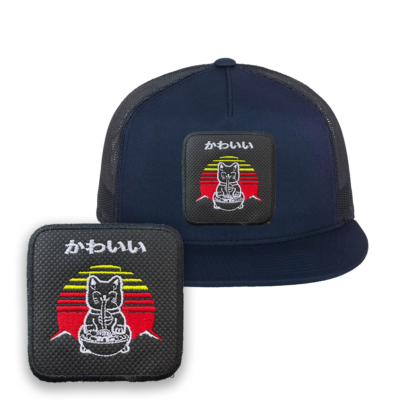 Cat Ramen Embroidered Hat Kawaii Neko Classic Trucker Mesh Blue Colour Cap