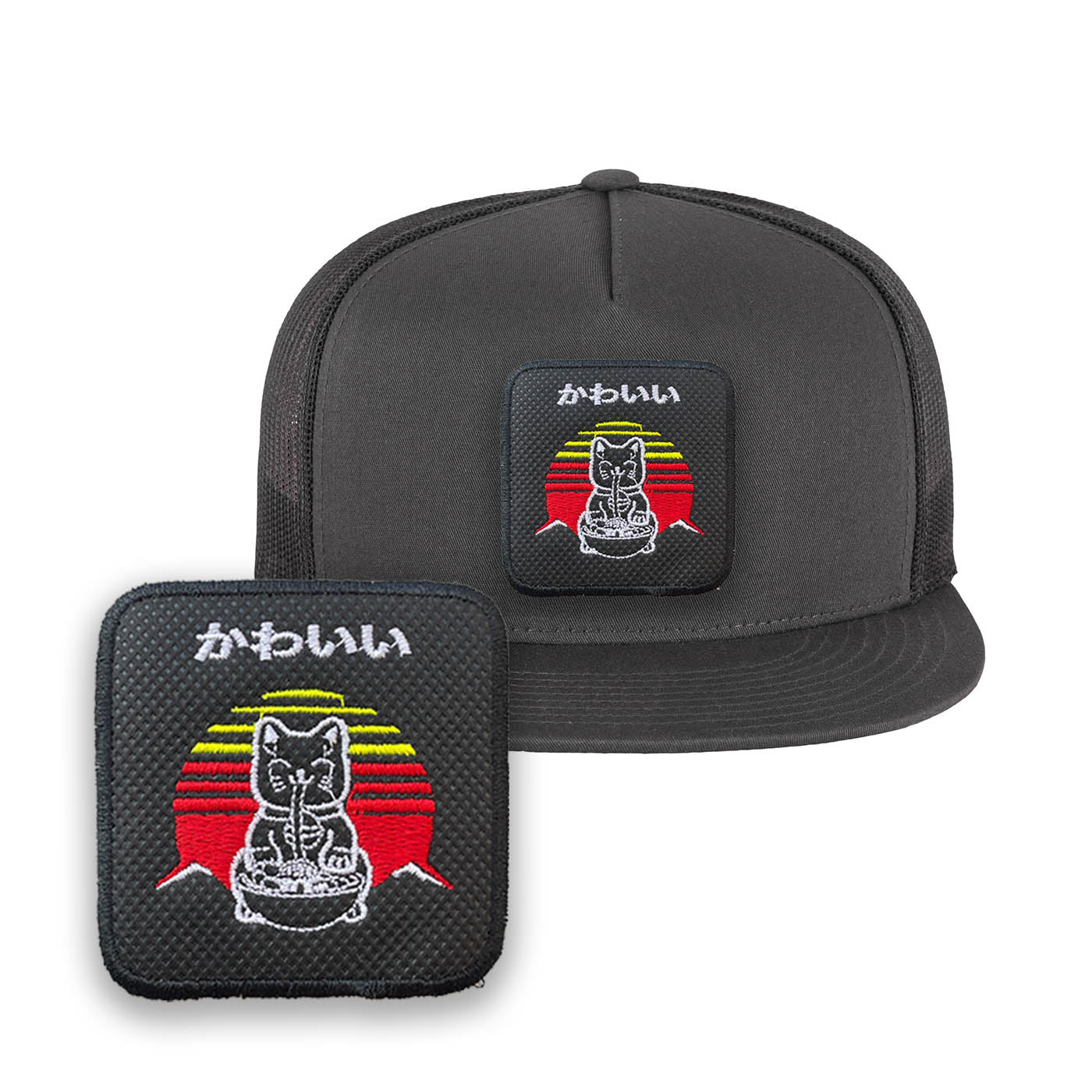Cat Ramen Embroidered Hat Kawaii Neko Classic Trucker Mesh Grey Colour Cap