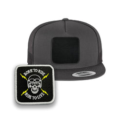 Death Skull Trucker Hat with Removable Hook & Loop Patch | Embroidered Biker Snapback Cap | Black, White & Grey Skull Hat