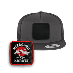 Miyagi-Do Trucker Hat with Removable Hook & Loop Patch | Embroidered Karate Snapback Cap | Black, White & Grey Cobra Kai Inspired Hat