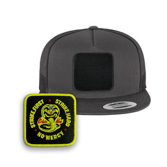 Cobra Kai Trucker Hat with Removable Hook & Loop Patch | Embroidered Movie Snapback Cap | Black, White & Grey Karate Dojo Hat
