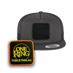 One Ring Trucker Hat with Removable Hook & Loop Patch | Embroidered Lord of the Rings Snapback Cap | Black, White & Grey Fantasy Hat