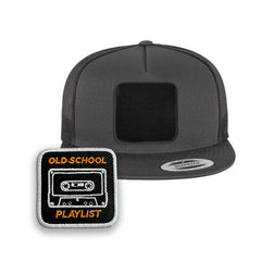 Old School Cassette Trucker Hat | Retro Tape Embroidered Patch Snapback Cap | Black, White & Grey Nostalgia Hat