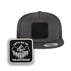 Mountains Trucker Hat with Removable Hook & Loop Patch | Embroidered Outdoor Adventure Snapback Cap | Black, White & Grey