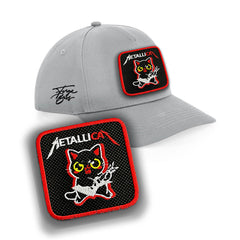 Metal Cat Cap Embroidered Patch Heavy Metal Rock Hat Black, White, Grey