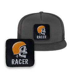 Biker Embroidered Baseball Grey Cap with Racer Skull Patch
