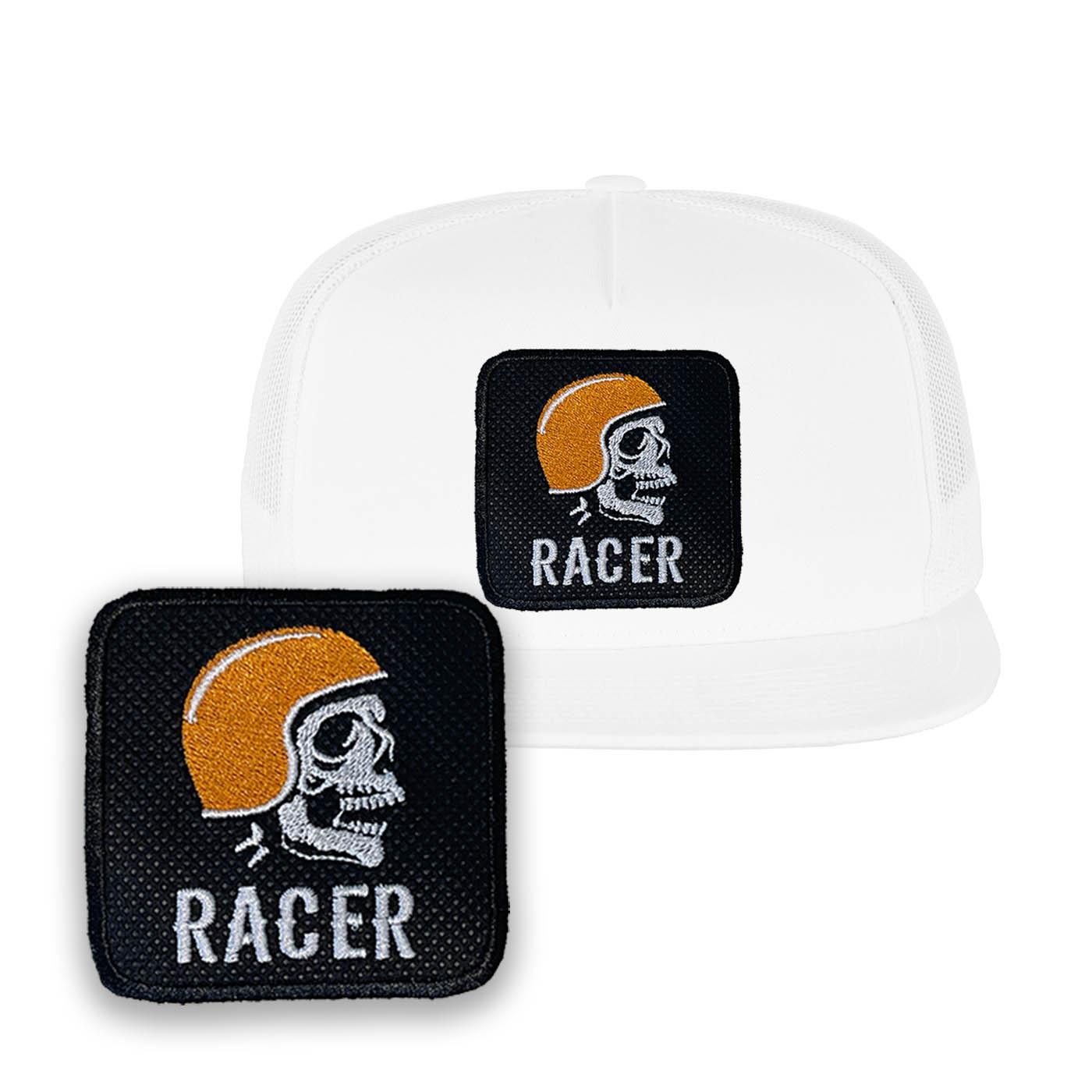 Biker Embroidered Baseball White Cap with Racer Skull Patch