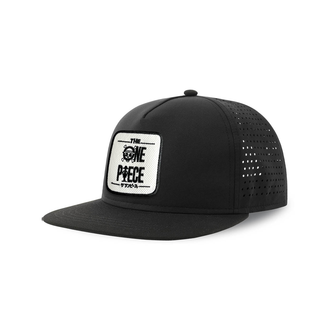 One Piece Streetwear Black Hat with Flat Visor Embroidered Patch