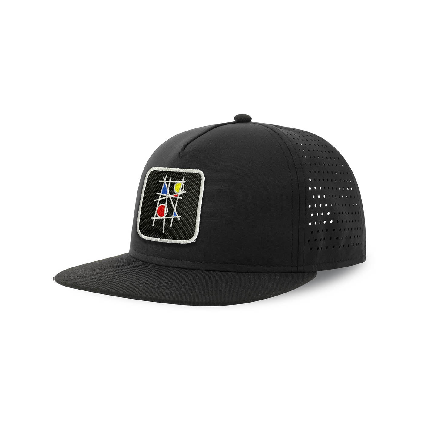 Mondrian Art Streetwear Black Hat with Flat Visor Embroidered Patch