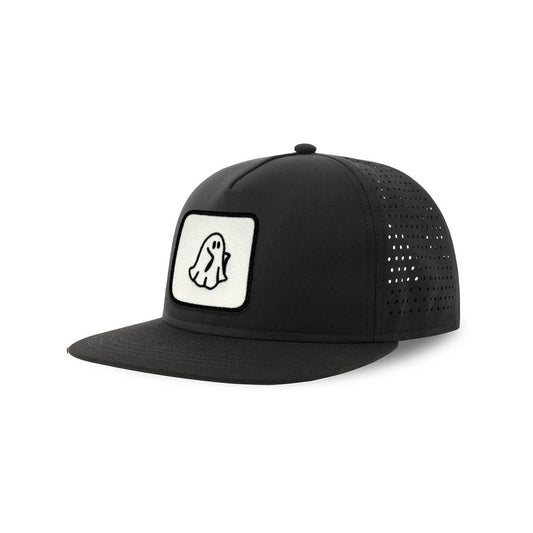 Spooky Ghost Streetwear Black Hat with Flat Visor Embroidered Patch