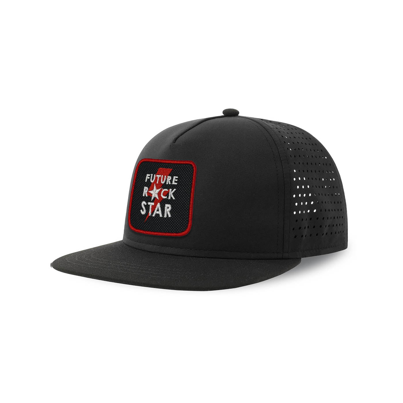 Rock Star Streetwear Black Hat with Flat Visor Embroidered Patch