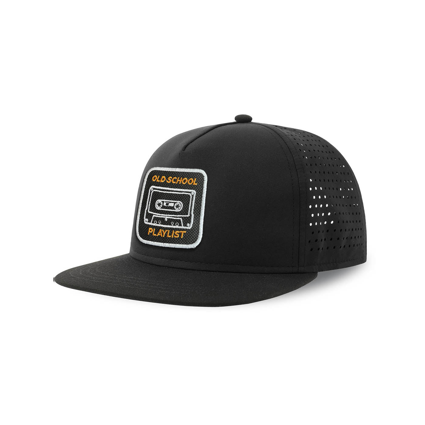 Tape Cassette Streetwear Black Hat with Flat Visor Embroidered Patch