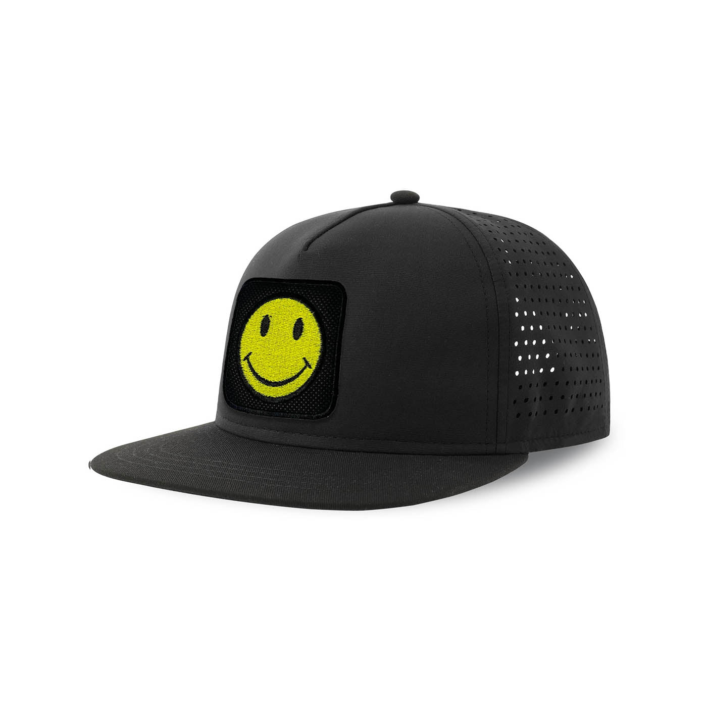 Happy Emoji Streetwear Black Hat with Flat Visor Embroidered Patch