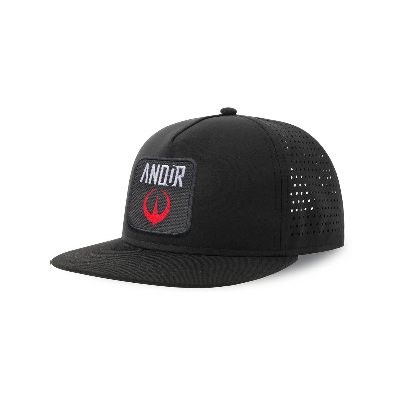 Andor Streetwear Black Hat with Flat Visor Embroidered Patch