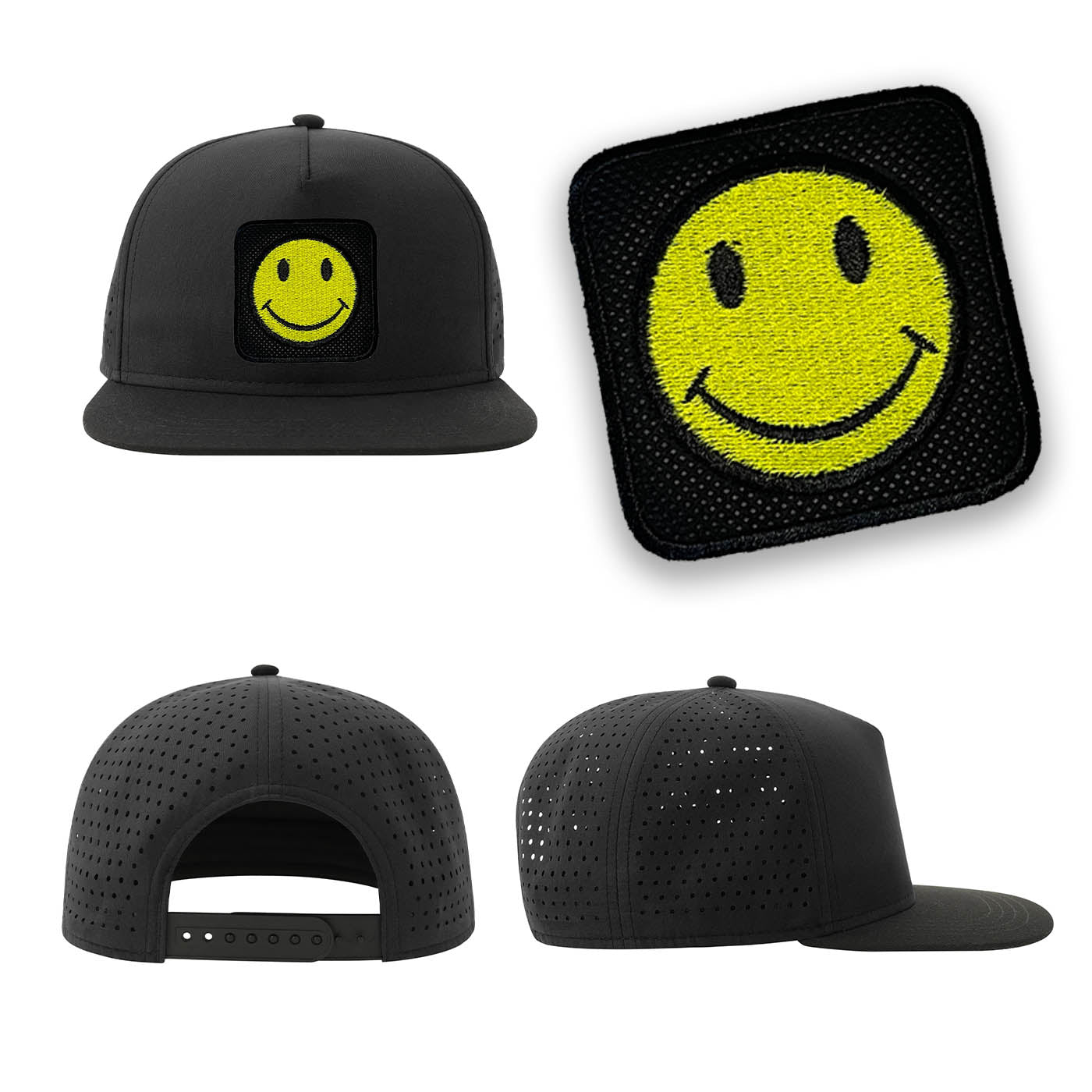 Happy Emoji Streetwear Black Hat with Flat Visor Embroidered Patch