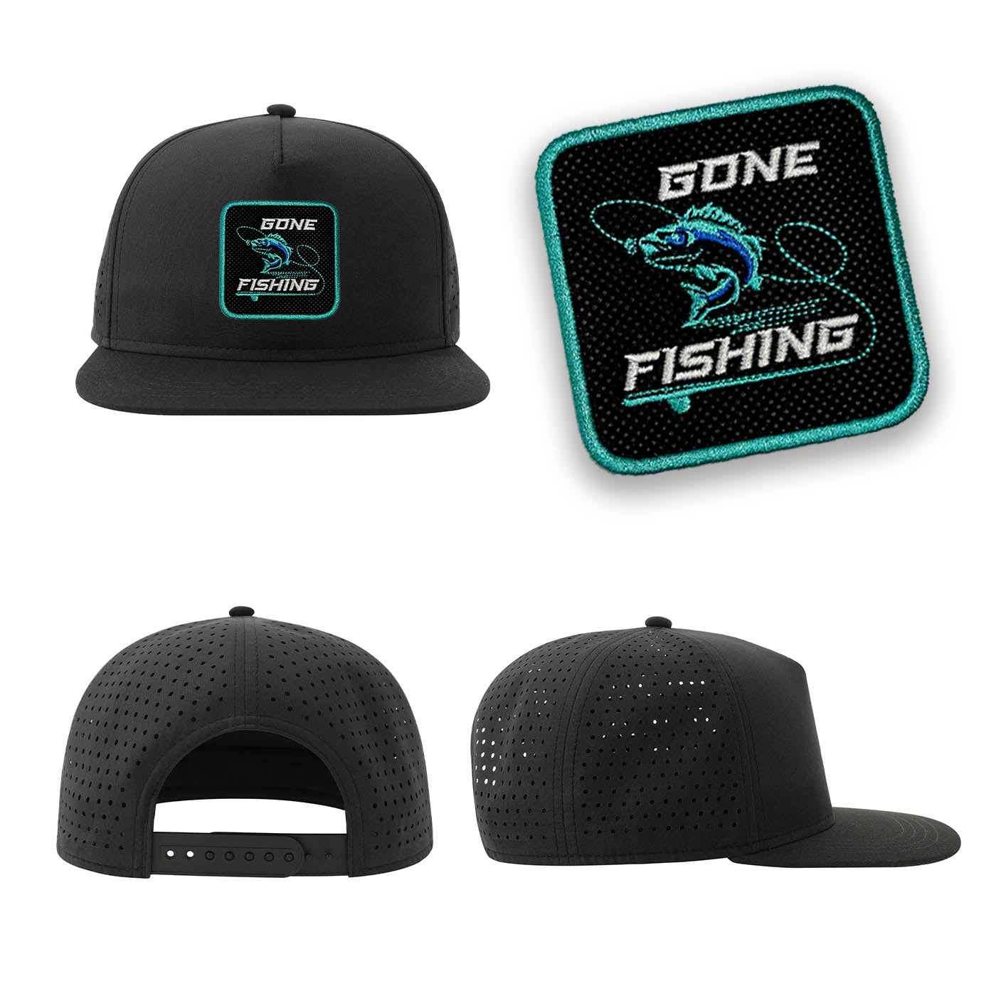 Fishing Streetwear Black Hat with Flat Visor Embroidered Patch