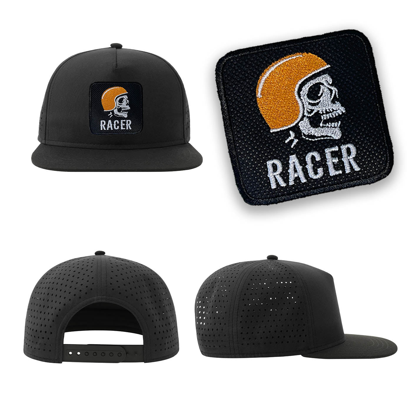Racer Streetwear Black Hat with Flat Visor Embroidered Patch