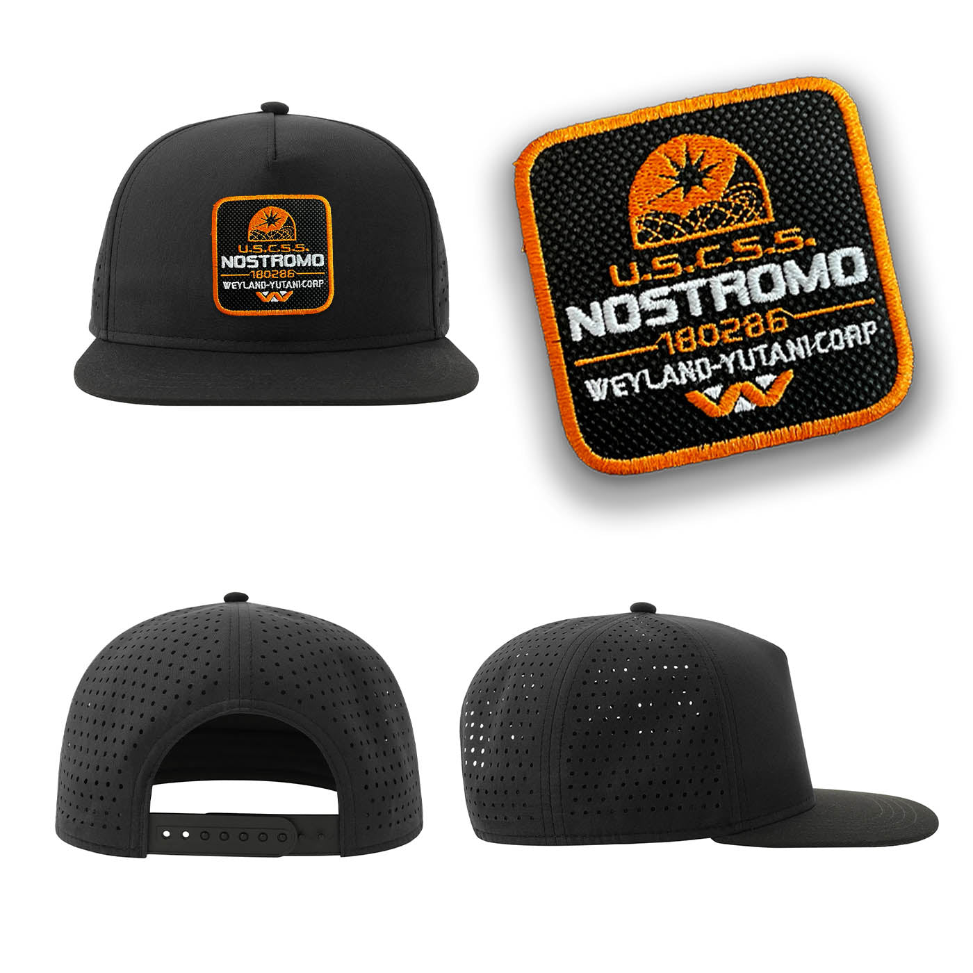 Nostromo Uscss Streetwear Black Hat with Flat Visor Embroidered Patch
