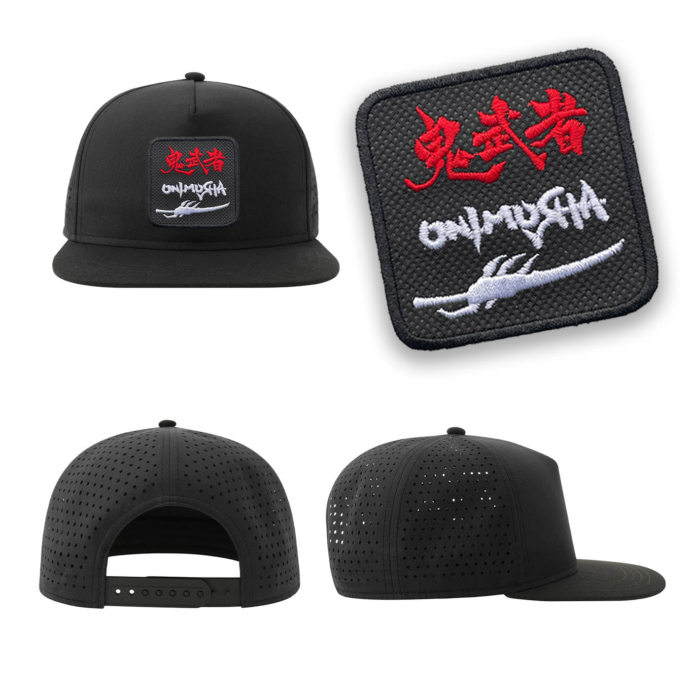 Onimusha Streetwear Black Hat with Flat Visor Embroidered Patch