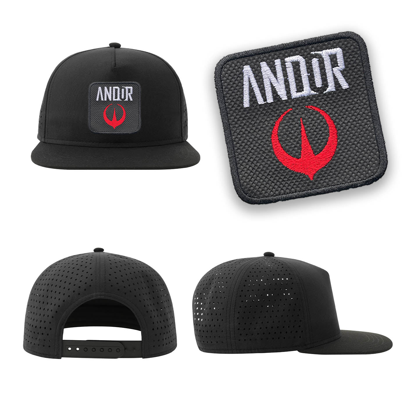 Andor Streetwear Black Hat with Flat Visor Embroidered Patch