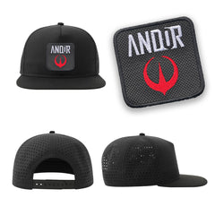 Andor Streetwear Black Hat with Flat Visor Embroidered Patch