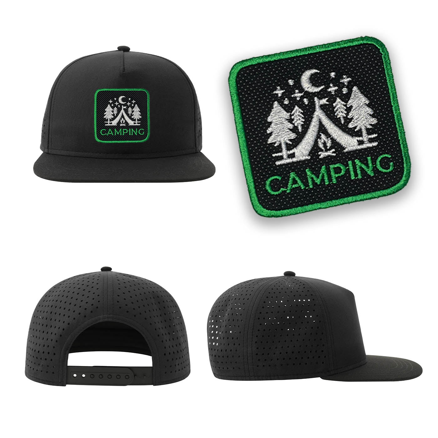 Camping Outdoor Streetwear Black Hat with Flat Visor Embroidered Patch