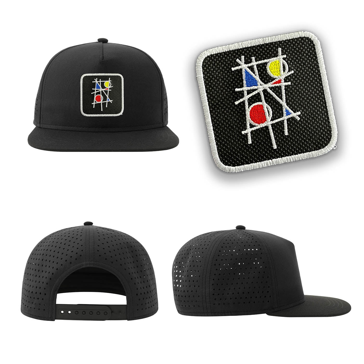 Mondrian Art Streetwear Black Hat with Flat Visor Embroidered Patch