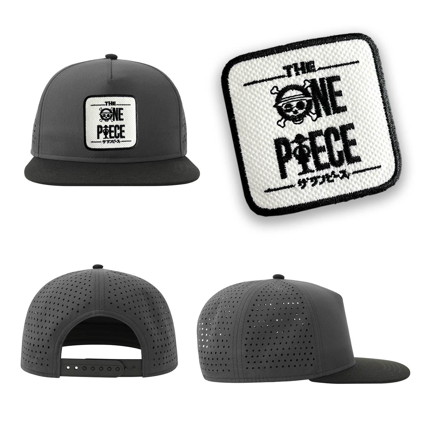 One Piece Streetwear Grey Hat with Flat Visor Embroidered Patch